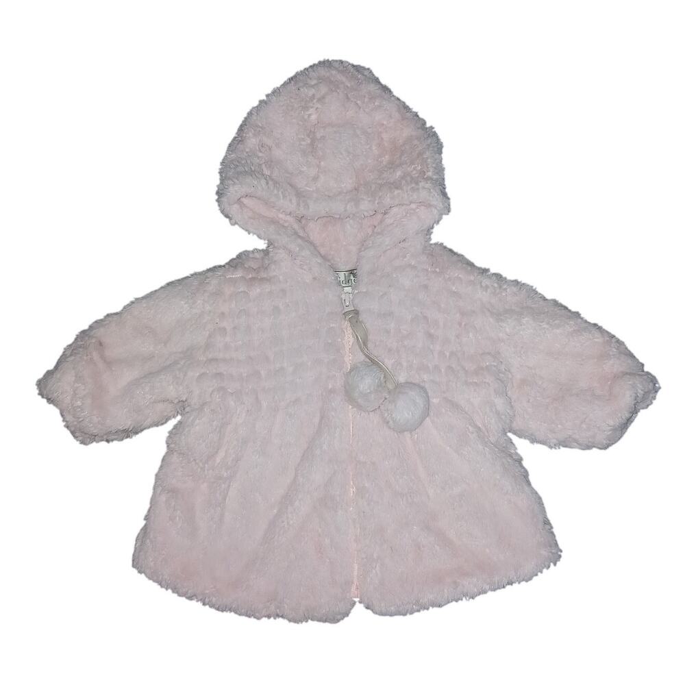 Widgeon Size 6m Girls Jacket Light Pink Faux Fur Hooded Zip Up Pom Poms Warm